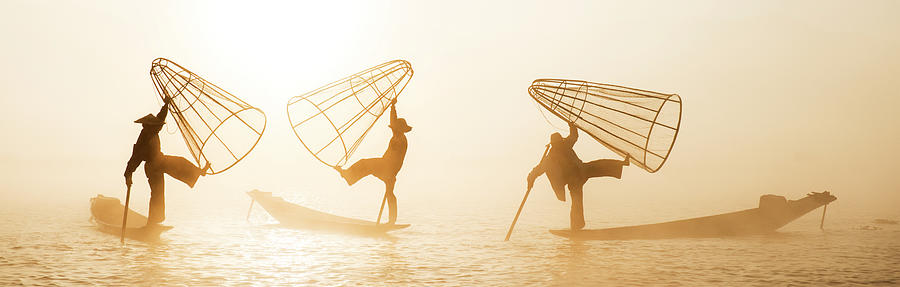 Myanmar, Fishermen On Inle Lake #3 Digital Art by Jordan Banks