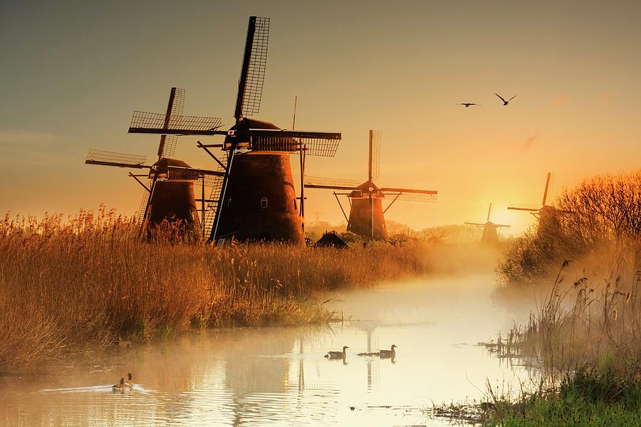 Netherlands, South Holland, Benelux, Kinderdijk, Kinderdijk Is A Collection Of 19 Authentic Windmills, Which Are Considered A Dutch Icon #3 Digital Art by Maurizio Rellini