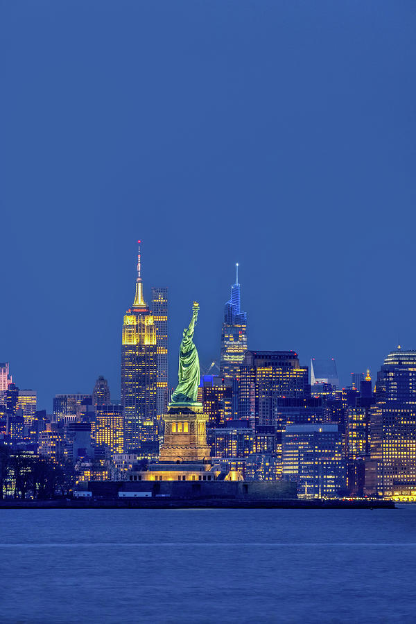 New York, New York City, Skyline With Statue Of Liberty, Night Digital ...