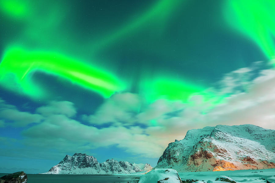 Norway, Nordland, Lofoten Islands, Vestvagoy, Uttakleiv Beach By Night With Aurora Borealis #3 Digital Art by Sebastian Wasek