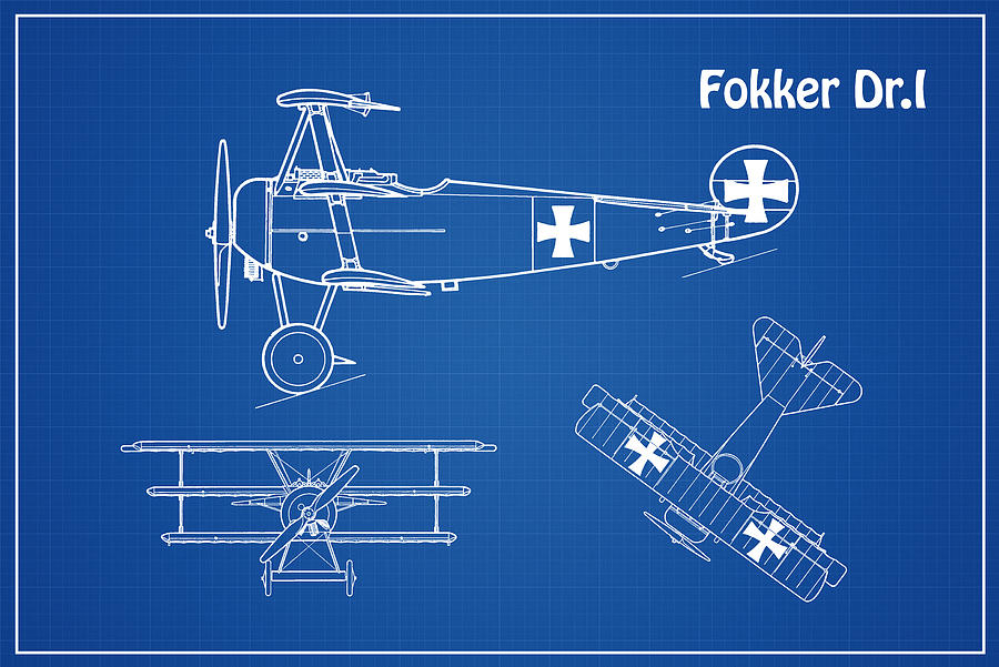 Transportation Drawing - Red Baron Fokker Dr.1 - Airplane Blueprint. Drawing Plans for the WWI Fokker Dr1 #3 by SP JE Art