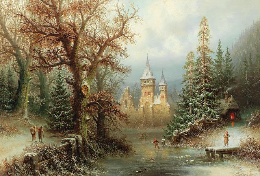 Castle Painting - Romantic Winter Landscape With Ice Skaters By A Castle by Albert Bredow