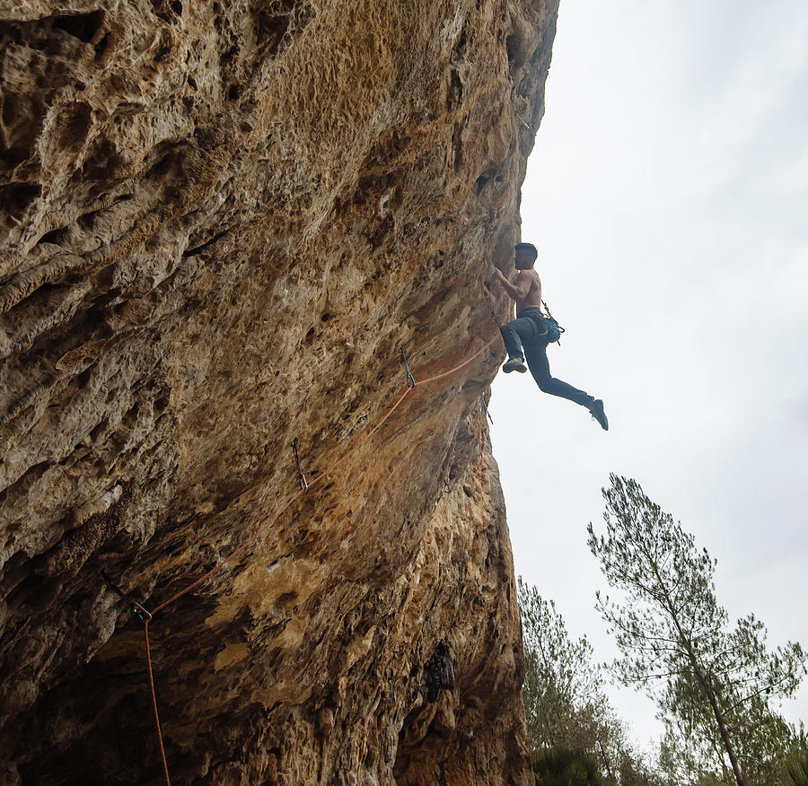 Shirtless Climber Sending A Sport Climbing Route On Spanish Crag. #3 ...