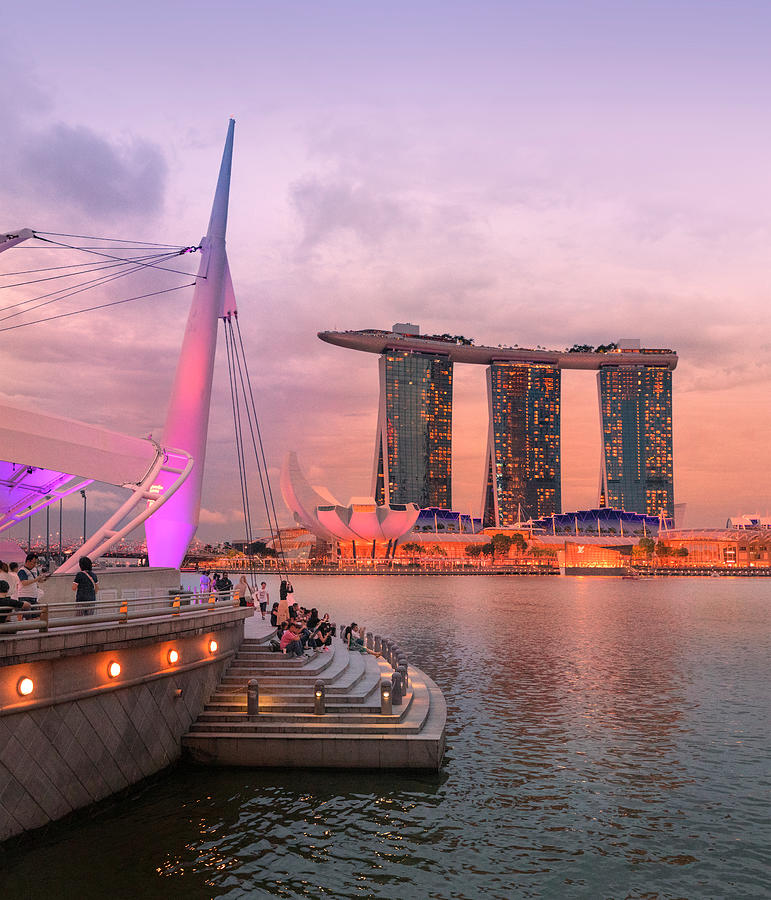 Singapore, Singapore City, Marina Bay, Seafront Promenade In The Evening And Night Lights. City Center And Financial Center. Marina Bay Sands Hotel #3 Digital Art by Paolo Giocoso