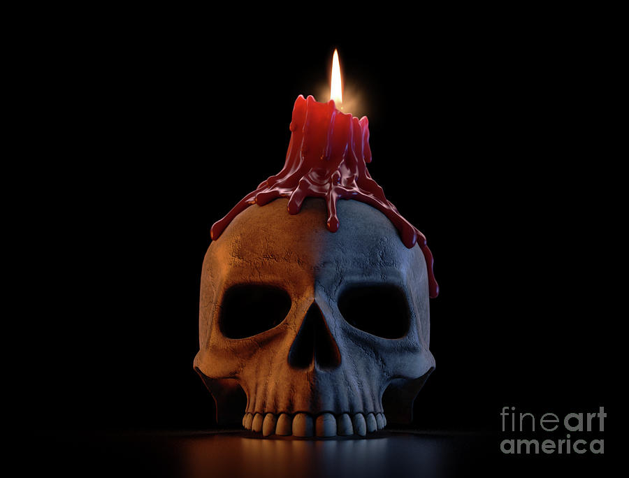 Skull And Melted Lit Candle Digital Art