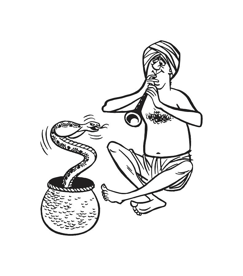 Black And White Drawing - Snake Charmer #3 by CSA Images