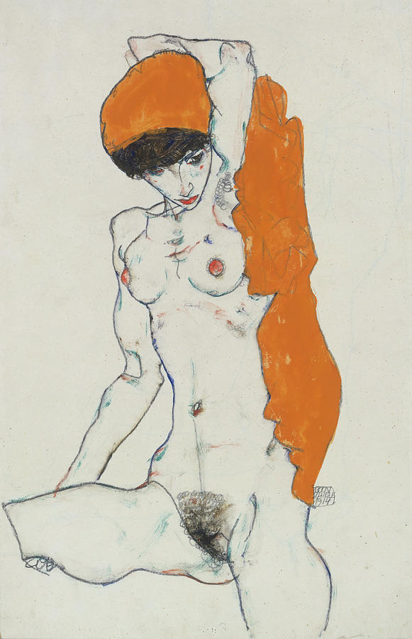 Egon Schiele Painting - Standing Nude with Orange Drapery #3 by Egon Schiele