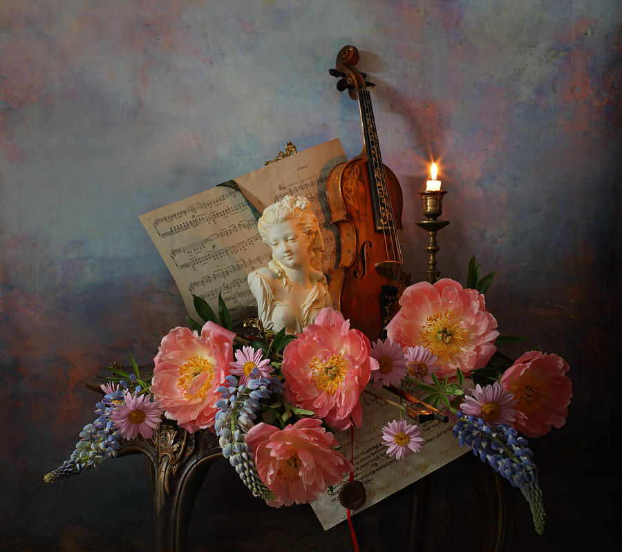 Still Life With Violin And Peonies #3 Photograph by Andrey Morozov