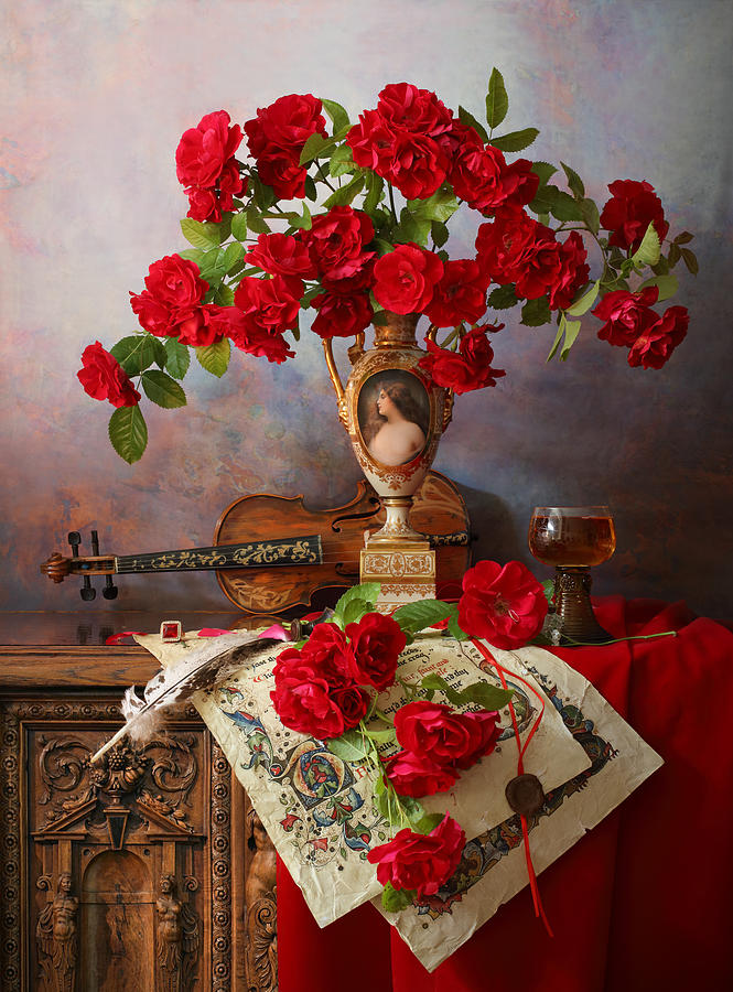 Still Life With Violin And Red Roses #3 Photograph by Andrey Morozov