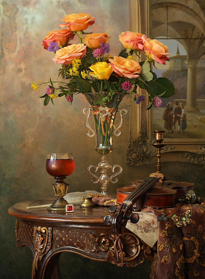 Still Life With Violin And Roses #3 Photograph by Andrey Morozov