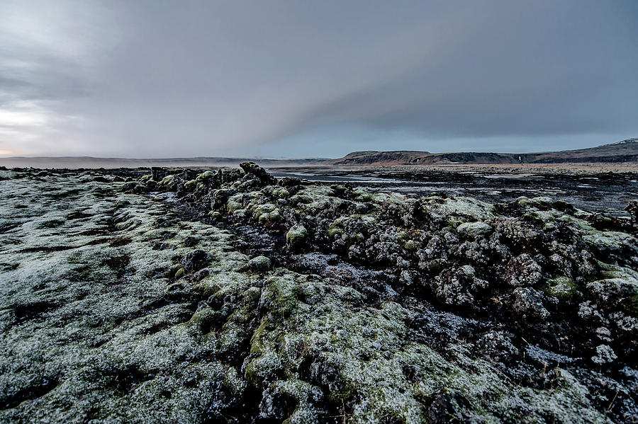 Stones And Moss Along The Ring Road, Mountain Range In The Background, Frost, Winter, Cold, Iceland #3 Photograph by Christian Frumolt
