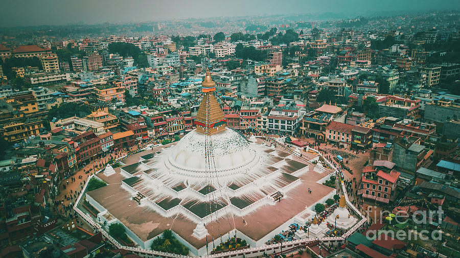 Stupa temple Bodhnath Kathmandu, Nepal from air October 12 2018 #3 Photograph by Raimond Klavins