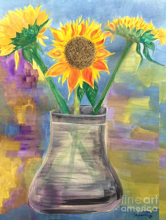 Vase Painting - 3 Sun Flowers by Monica Mitchell