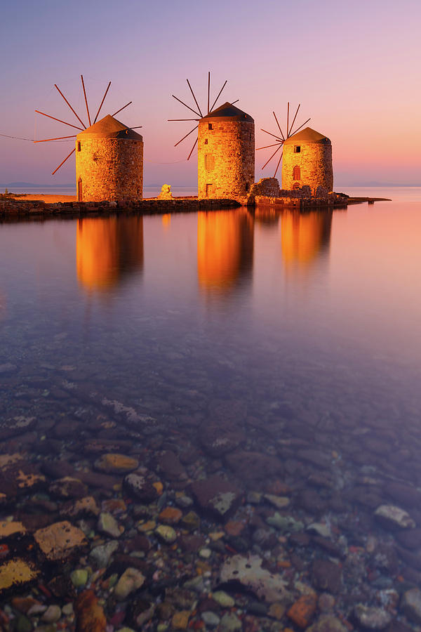 Greek Photograph - Sunrise Image Of The Iconic Windmills In Chios Town. #3 by Cavan Images