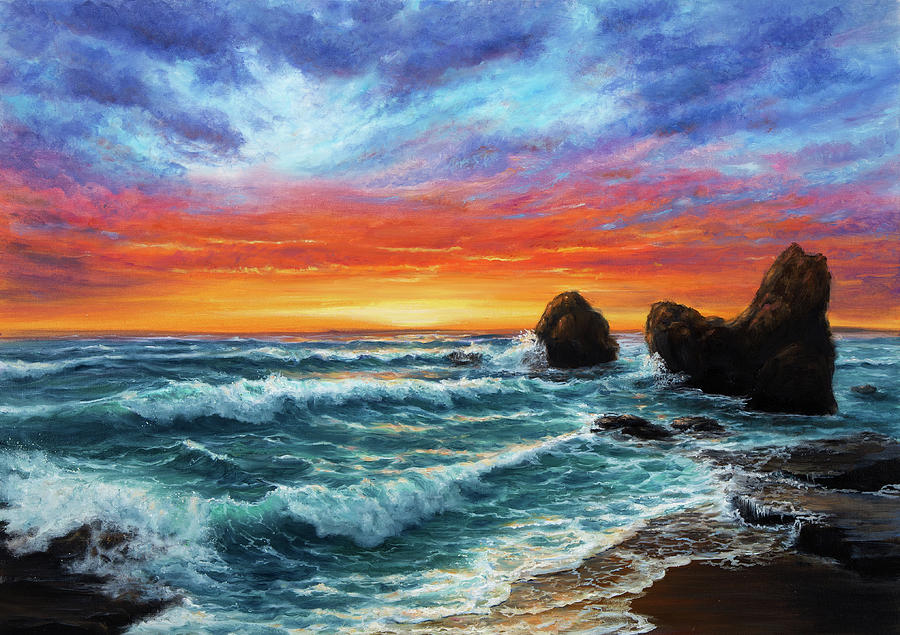 Sunset over beach Painting by Boyan Dimitrov