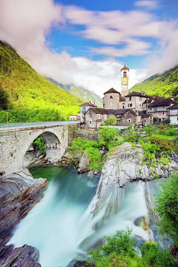 Switzerland, Ticino, Valle Verzasca, Alps, Lavertezzo And The Waterfalls Of The Verzasca River #3 Digital Art by Jordan Banks