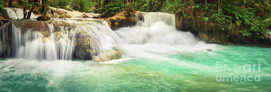 Waterfall Photograph - Tat Kuang Si Waterfalls. Beautiful panorama landscape. Laos. by MotHaiBaPhoto Prints Waterfall Photograph - Tat Kuang Si Waterfalls. Beautiful panorama landscape. Laos. by MotHaiBaPhoto Prints
