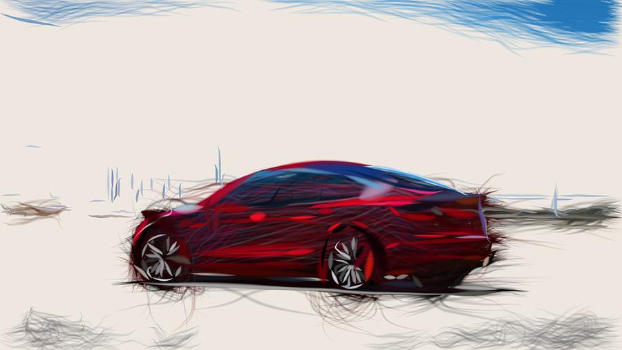 Tesla Model 3 Drawing #4 Digital Art by CarsToon Concept