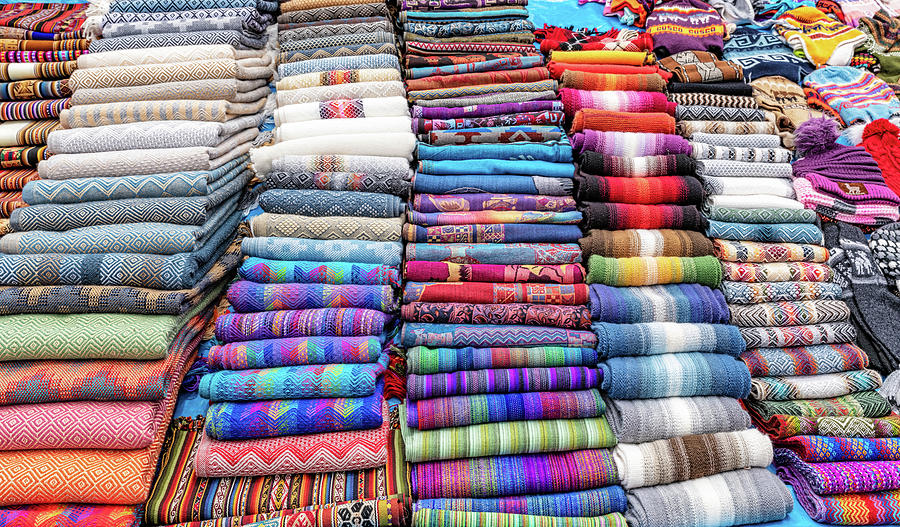 Textile products on sale in Chinchero street of Urubamba Provinc ...