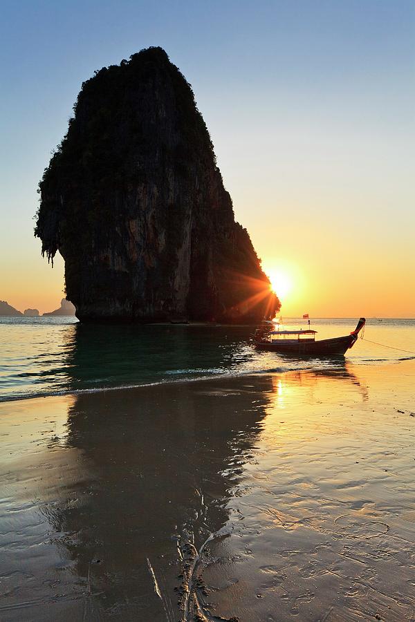 Thailand, Southern Thailand, Andaman Sea, Indian Ocean, Krabi, Sunset Over Had Phra Nang Beach, Rai Leh Peninsula #3 Digital Art by Luigi Vaccarella