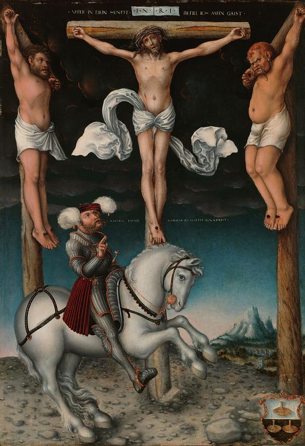 Knight Painting - The Crucifixion With The Converted Centurion by Lucas Cranach The Elder