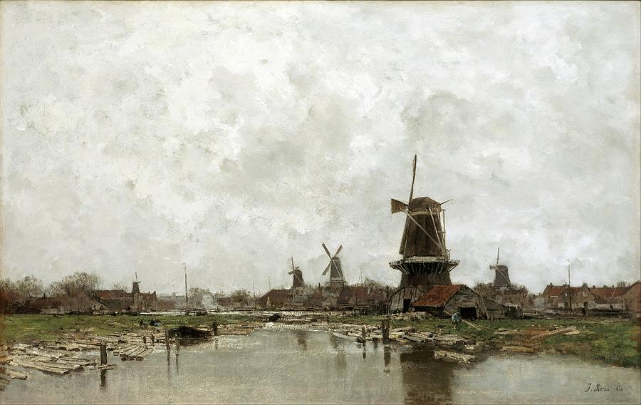 Landscape Painting - The Five Windmills by Jacob Maris