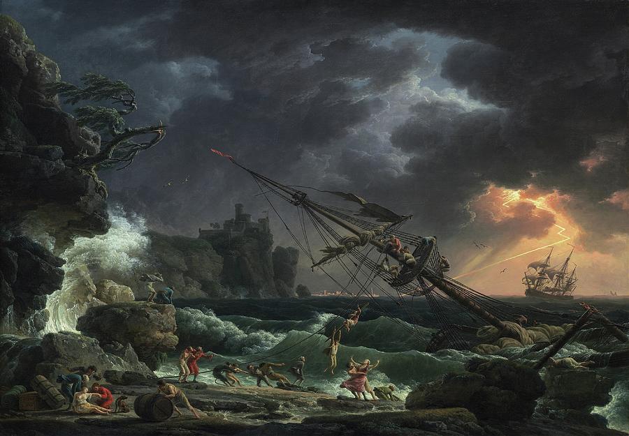 Sunset Painting - The Shipwreck by Claude-joseph Vernet