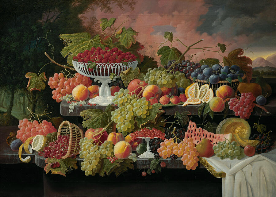 Two-Tiered Still Life with Fruit and Sunset Landscape, from circa 1867 Painting by Severin Roesen Two-Tiered Still Life with Fruit and Sunset Landscape, from circa 1867 Painting by Severin Roesen