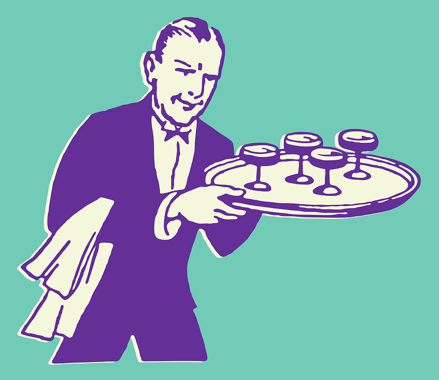 Vintage Drawing - Waiter with Cocktails on Tray #3 by CSA Images