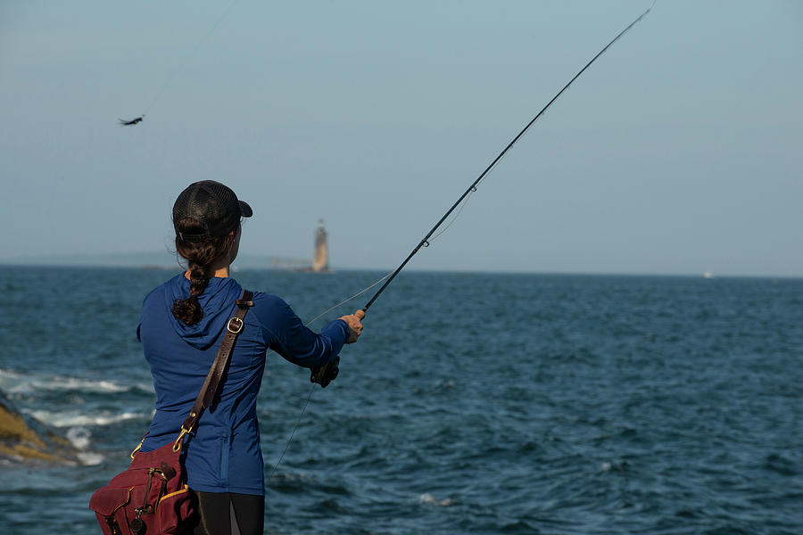 Summer Photograph - Woman Fishing On Coast, Cape Elizabeth #3 by Joe Klementovich
