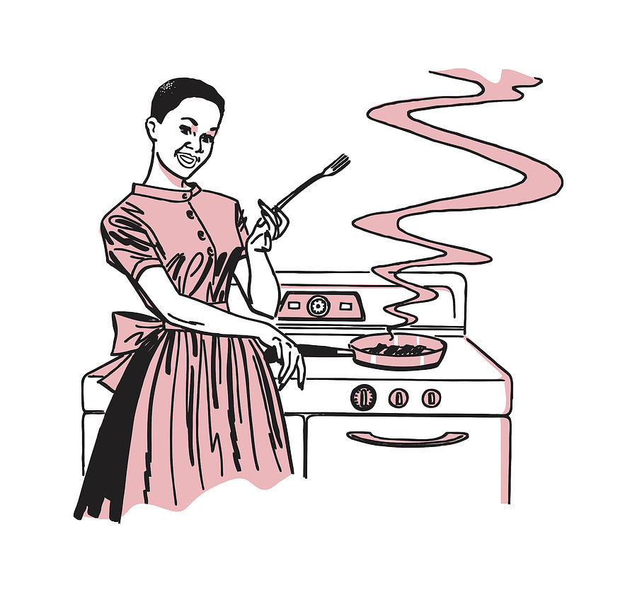 Vintage Drawing - Woman in Kitchen, Cooking on Stove #3 by CSA Images