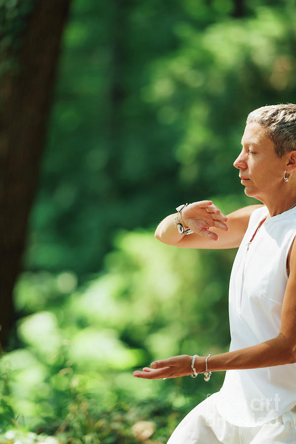 Woman Practicing Qigong In A Forest Photograph by Microgen Images ...