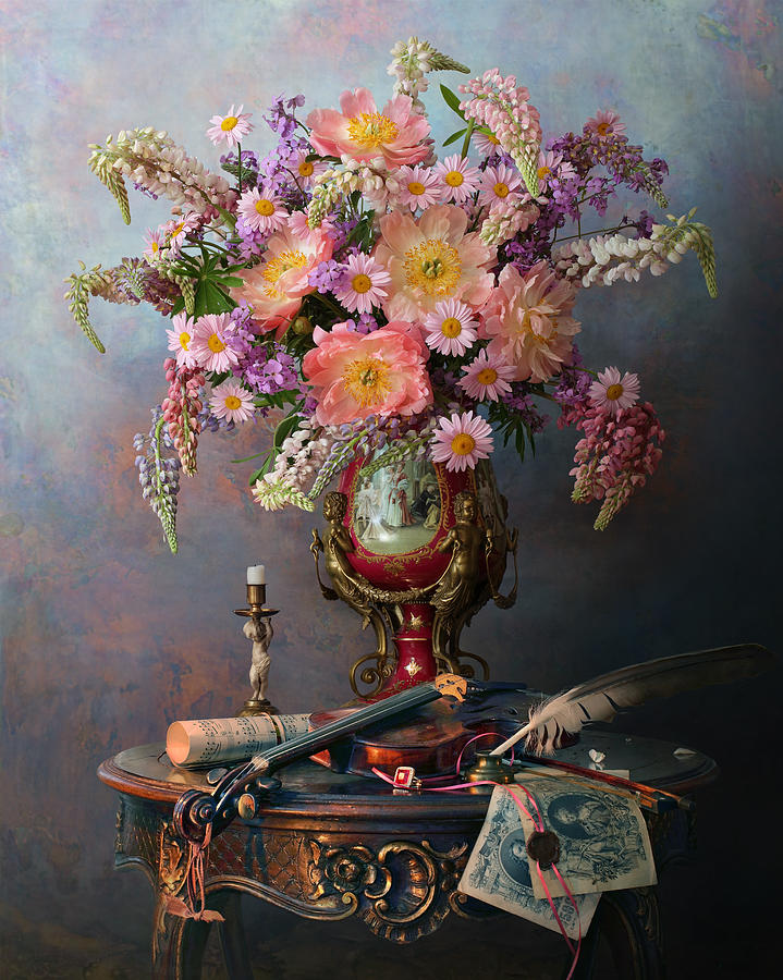 Still Life With Violin And Flowers #32 Photograph by Andrey Morozov