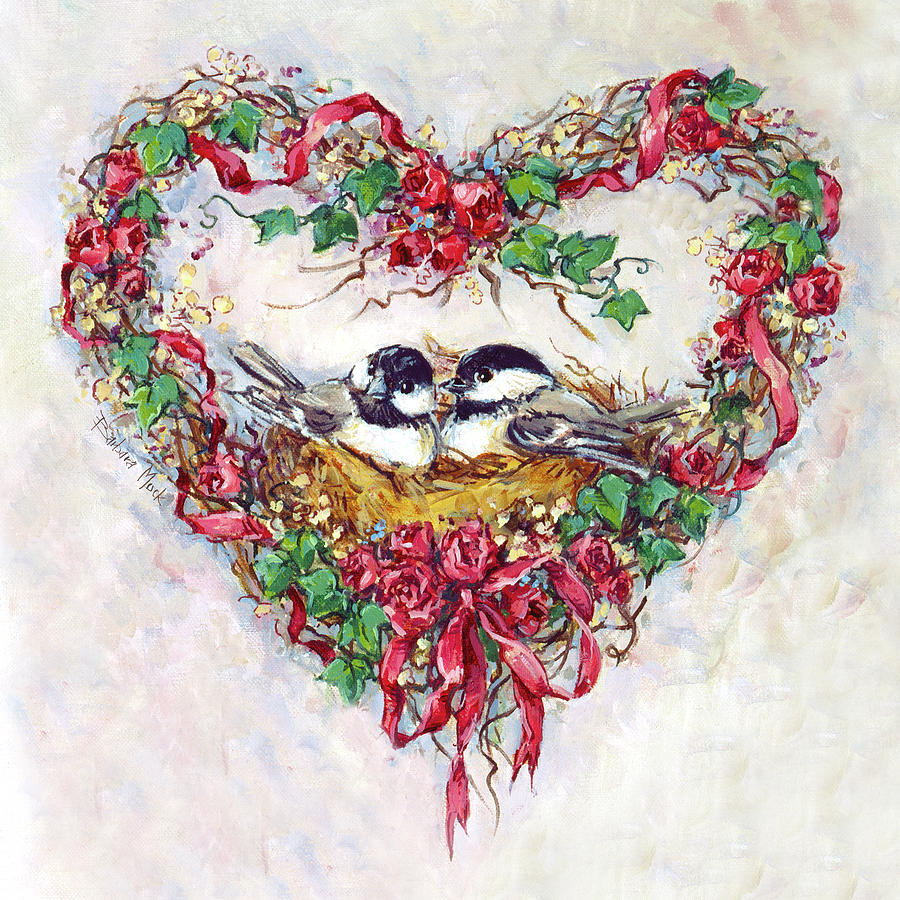 Bird Painting - 3388 Pair 2 Birds And A Heart Wreath by Barbara Mock
