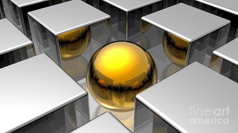 3d Golden Sphere Ball In Between Silver Cubes Squares Ultra Hd Digital Art