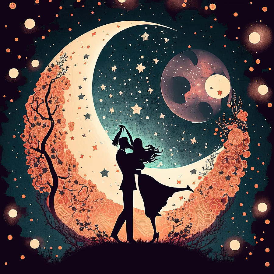 A Dreamy Illustration Of A Couple Dancing Under A Full Moon And Stars Photograph By Cavan Images