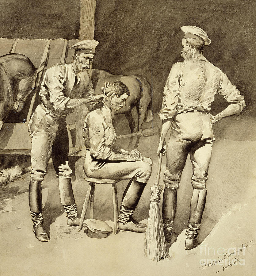 A Haircut in a Cavalry Stable Painting by Frederic Remington