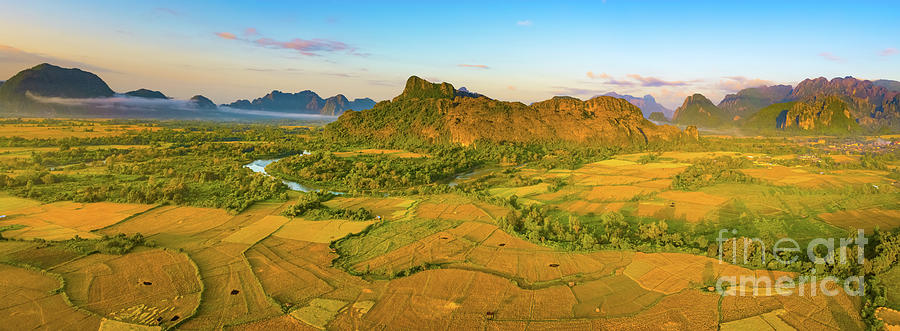 Aerial View Of The Fields, River And Mountain. Beautiful Landsca Photograph