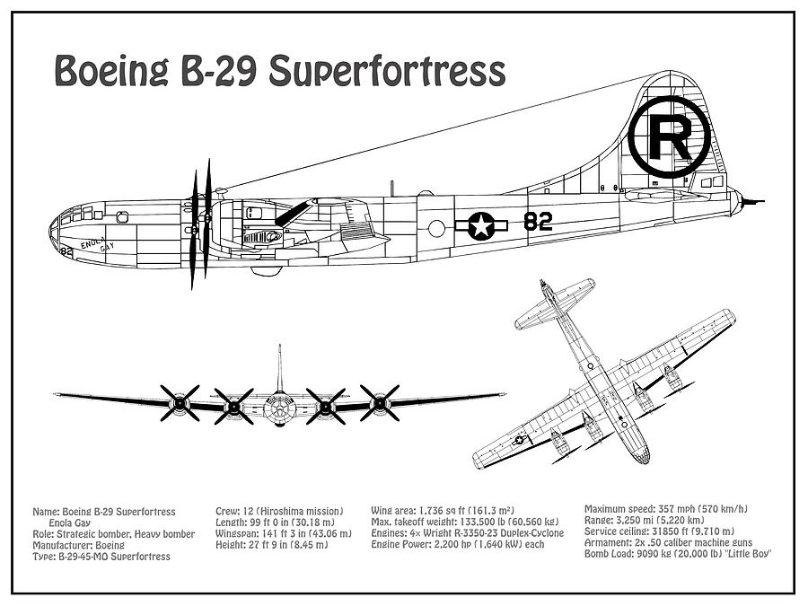 Transportation Drawing - B-29 Superfortress Enola Gay - Airplane Blueprint. Drawing Plans for the Boeing B-29 Superfortress #4 by SP JE Art