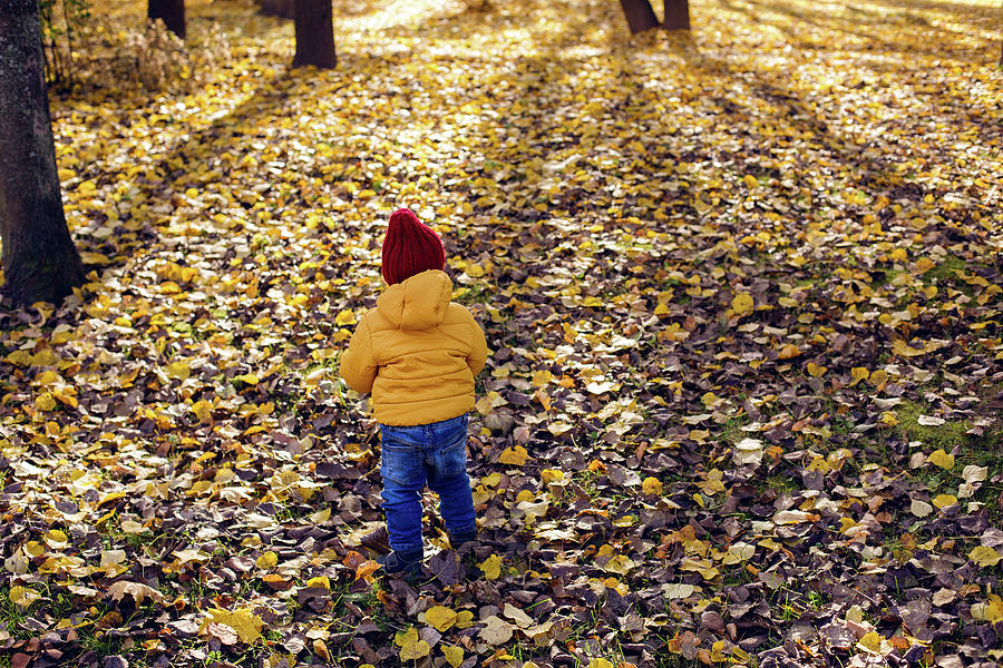 Boy In A Yellow Jacket And A Red Knitted Hat Stands Photograph by Elena