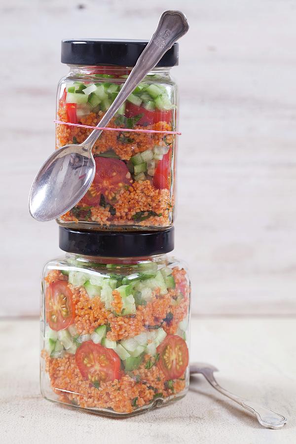 Bulgur Wheat Salad With Pomegranate Syrup, Onions, Cucumber, Tomatoes, Parsley And Mint In A Glass Jar #4 Photograph by Elisabeth Von Plnitz-eisfeld