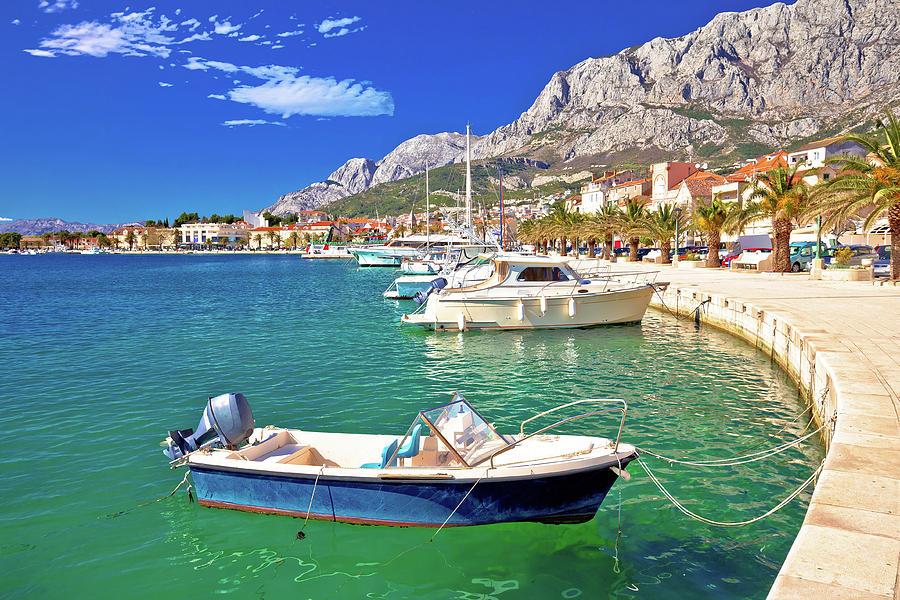 Colorful Makarska boats and waterfront under Biokovo mountain vi #4 Photograph by Brch Photography