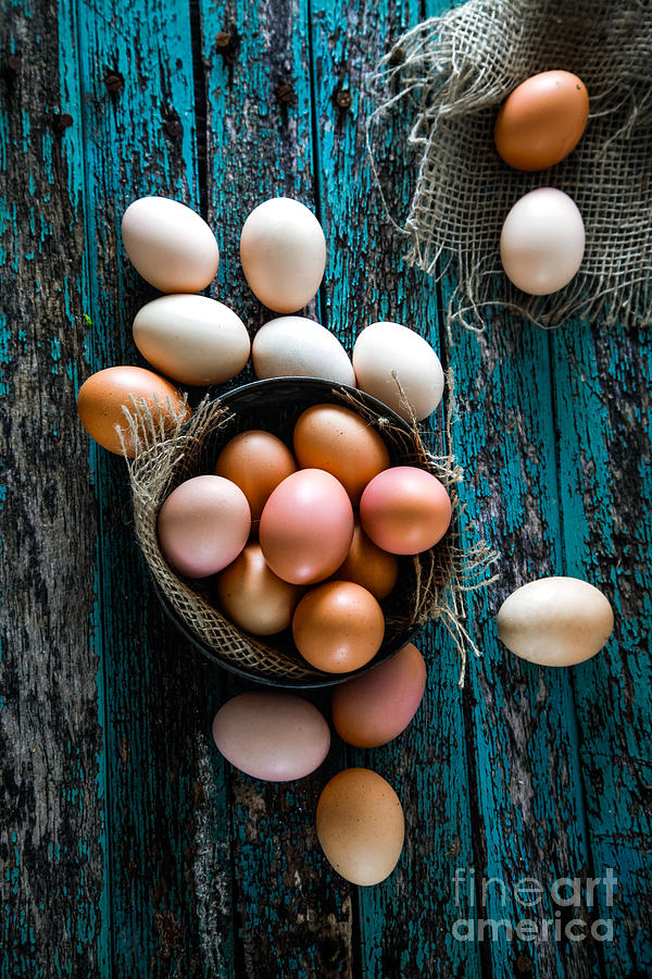 Bread Photograph - Eggs  on wood #4 by Mythja Photography