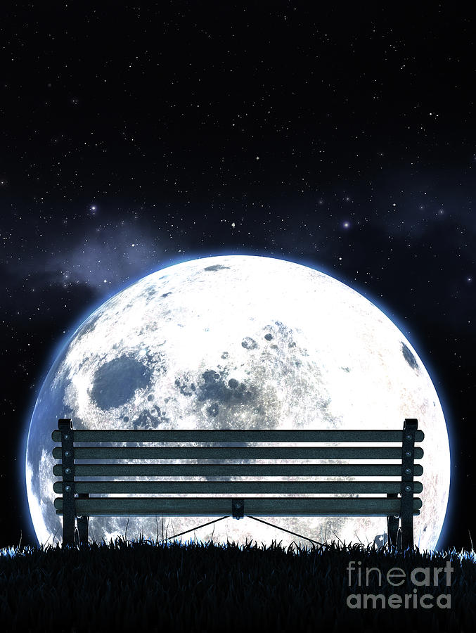 Fantasy Digital Art - Empty Bench And Moon Silhouette #4 by Allan Swart
