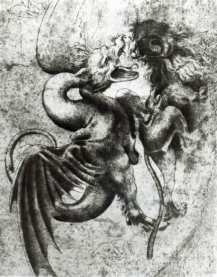 Fight Between A Dragon And A Lion Drawing by Leonardo Da Vinci