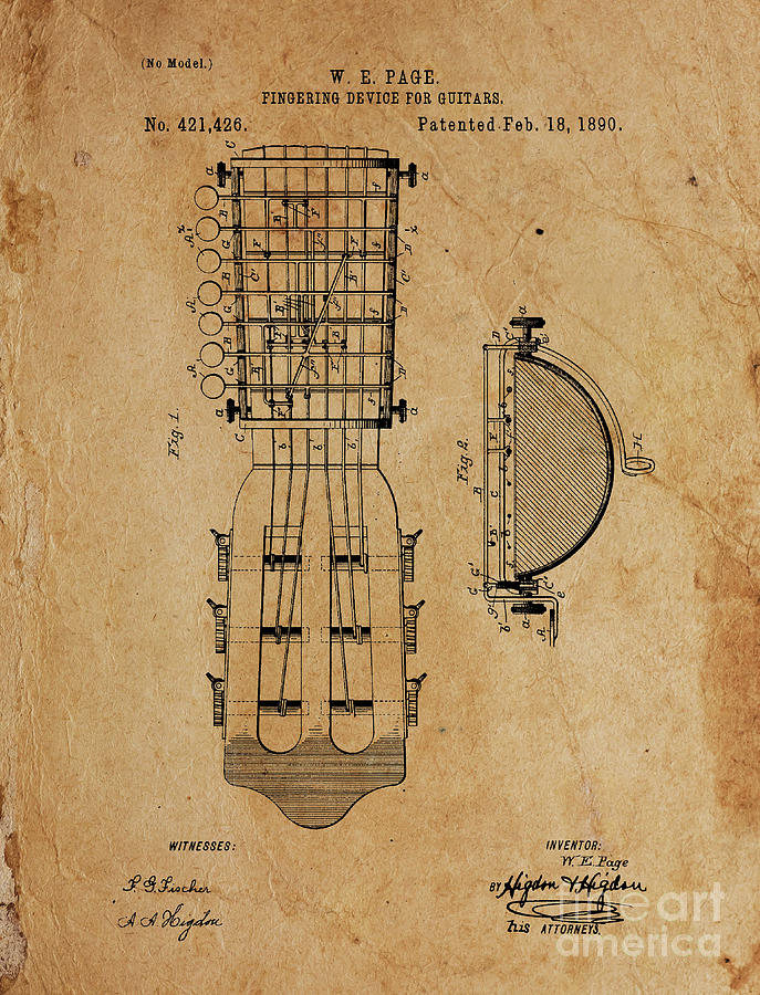 Fingering Device For Guitars Patent Year 1890 Drawing