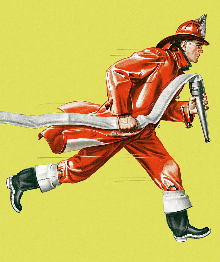 Vintage Drawing - Fireman Running With Hose #4 by CSA Images