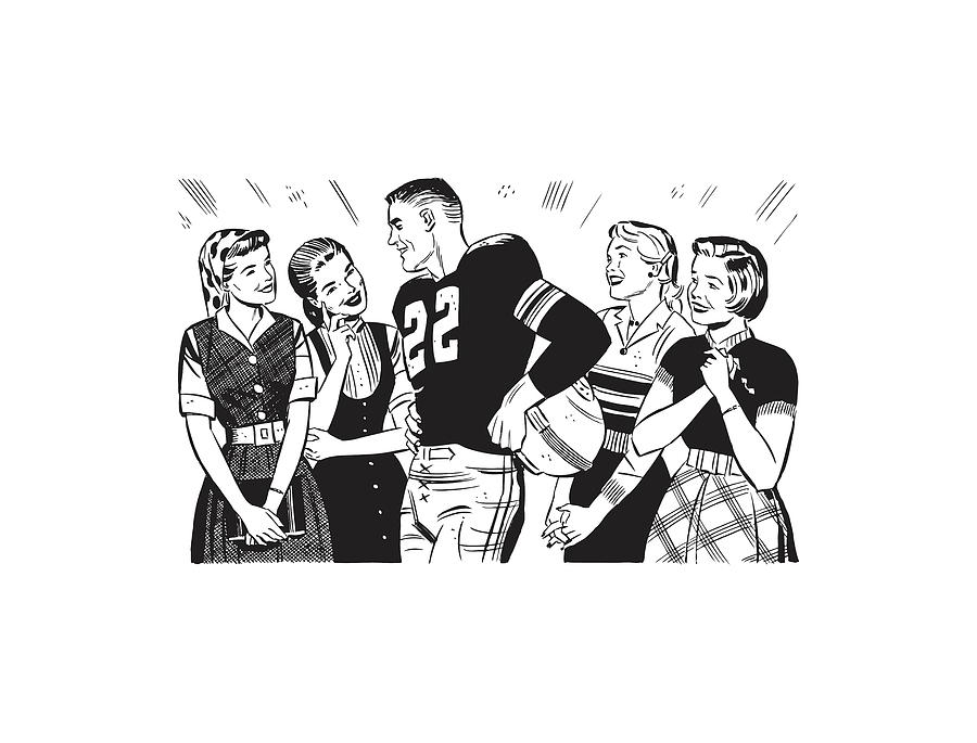 Black And White Drawing - Football Player with Female Admirers #4 by CSA Images