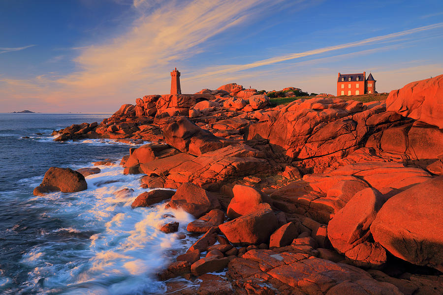 France, Brittany, Atlantic Ocean, English Channel, Cotes-darmor, Cote De Granit Rose, Ploumanach, Pink Granite Coast, Mean Ruz Lighthouse And Rock Formations In The Late Afternoon Light #4 Digital Art by Riccardo Spila