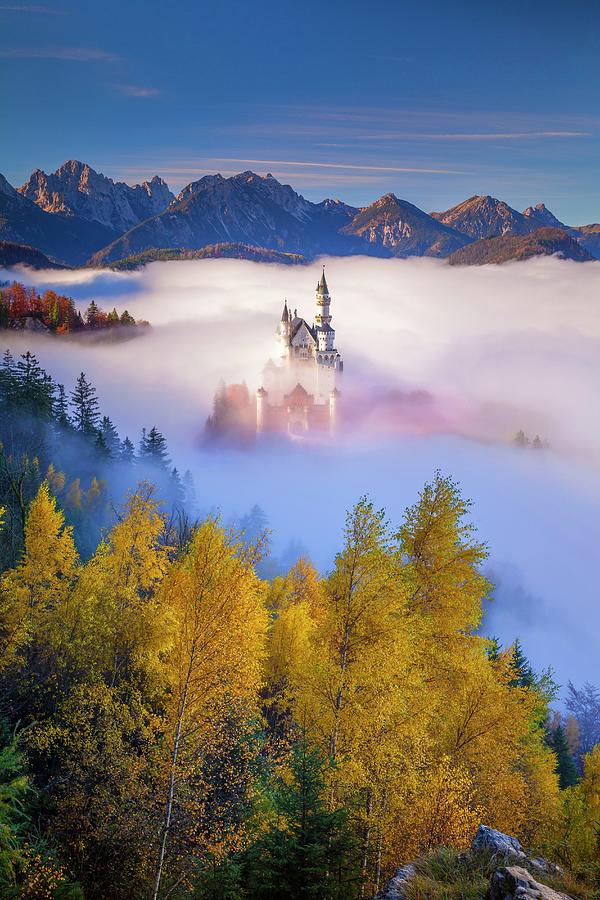 Germany, Bavaria, Swabia, Neuschwanstein Castle In The Fog, Tannheim Mountains In Background #4 Digital Art by Olimpio Fantuz